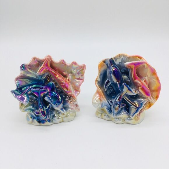 Vintage Pair Luster Dolphins Ceramic Iridescent Pearl Seashell Figurines - Picture 1 of 9